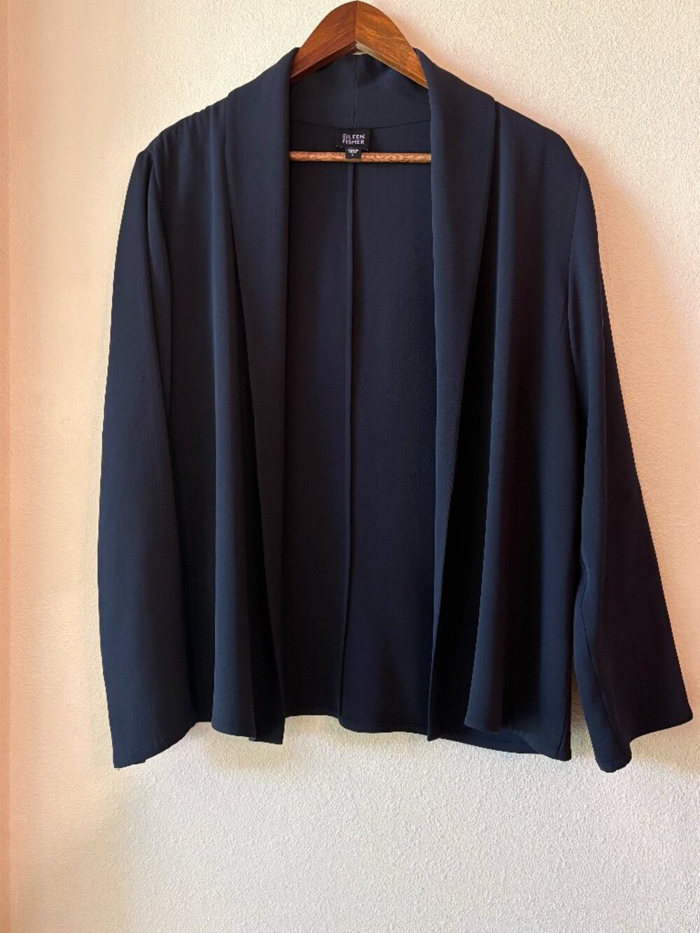 Eileen Fisher Black Open Front Draped Stretch Silk Blazer Jacket  Shawl Collar L